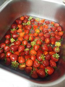 strawberries soaking in vinegar wash
