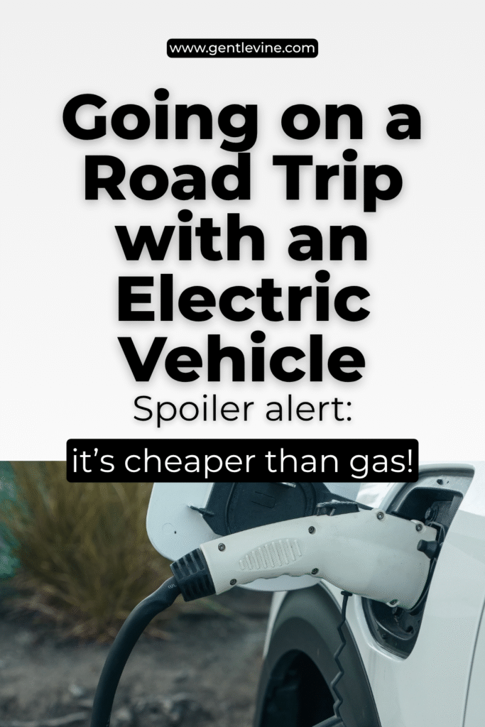 going on a road trip with an electric vehicle - spoiler alert: it's cheaper than gas! photo shows a black and white charger plugged into a white electric vehicle